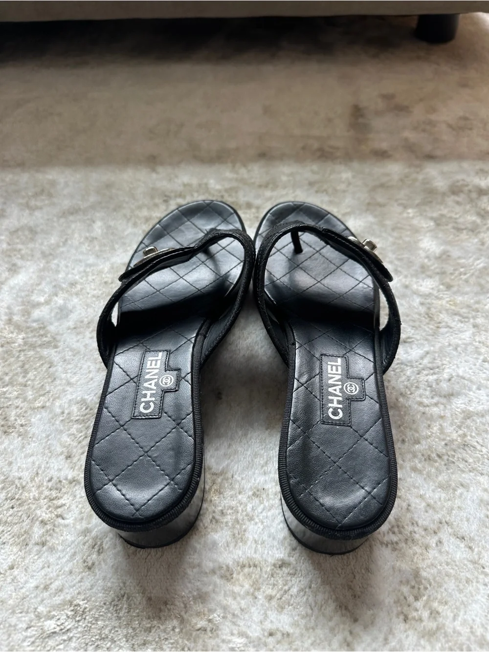 Chanel Black Quilted Leather CC Thong Sandals – Size 38.5